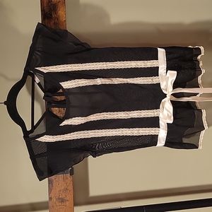 Vintage Lux Black sheer cap sleeve top cream lace trim & satin ribbon at bottom